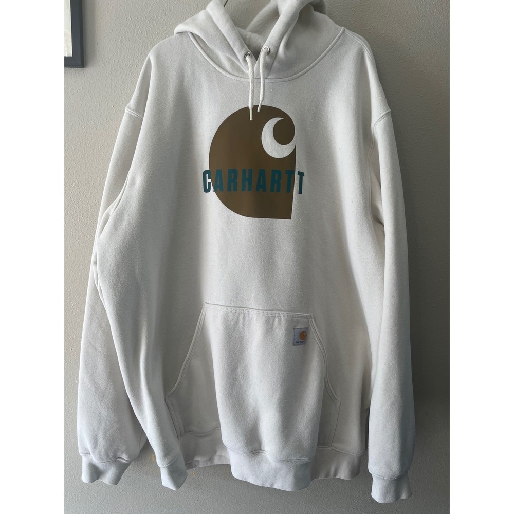 CARHARTT Hoodie Graphic Logo Streetwear Mens 2XL Tall White Loose Fit Sweatshirt - Picture 2 of 6